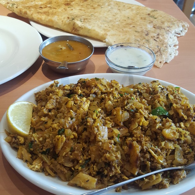 Mutton kottu poratha and rasa dosa at Dosa World, Hanbury Street