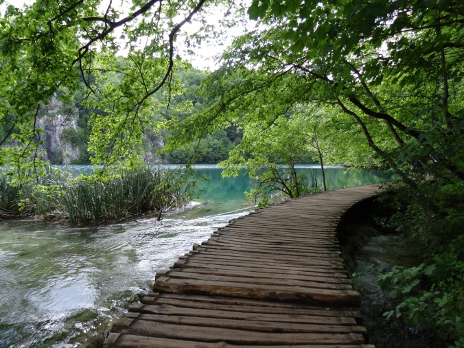 Boardwalk opening out onto a lake, Plitvice National Park