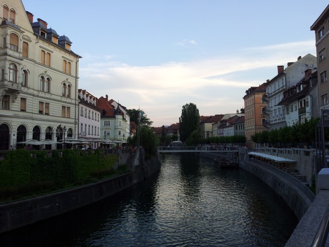 Sunset in Ljubljana over the Ljubljanica River, Slovenia