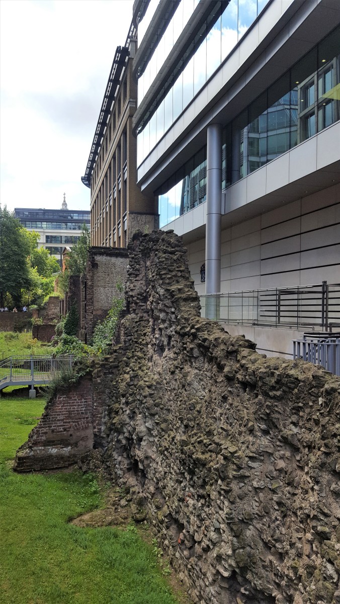 Parts of London's Roman Wall visible on Noble Street where a Roman Fort was situated.