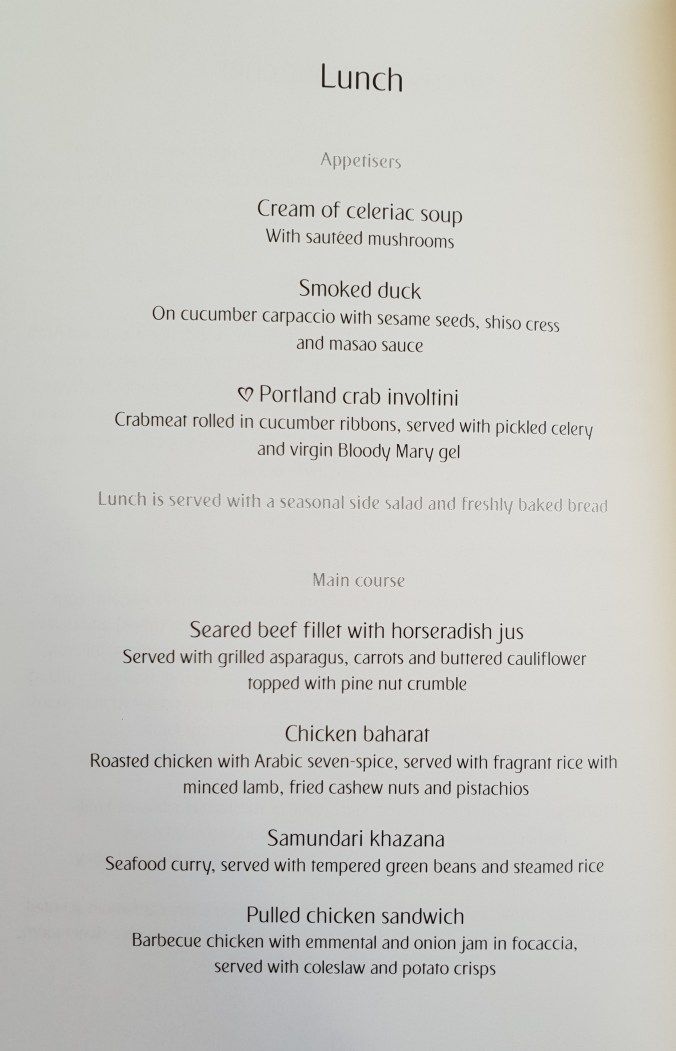 Emirates business class London - Dubai lunch menu