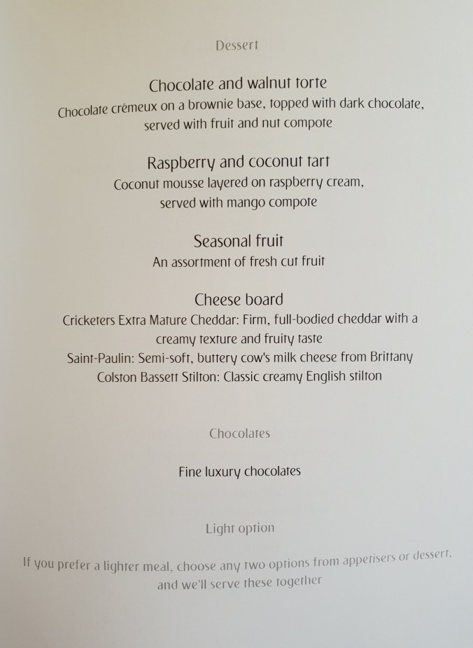 Emirates business class London - Dubai lunch menu