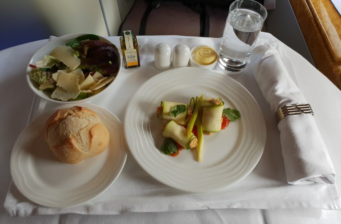 Emirates A380 business class lunch London to Dubai crab involtini, bread and salad