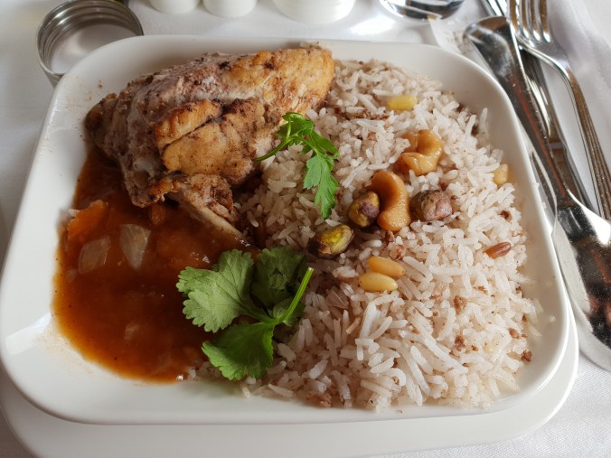 Emirates A380 business class lunch London to Dubai chicken baharat
