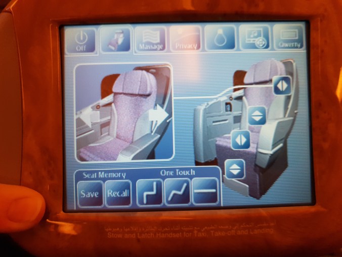 Emirates B777 business class seat recline controls