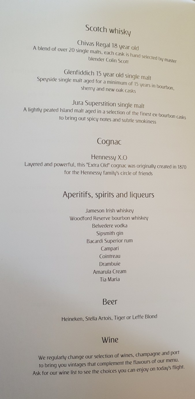 Emirates business class A380  drinks menu
