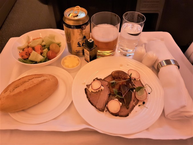 Emirates B777  business class Dubai to Kuala Lumpur roasted beef carpaccio appetiser