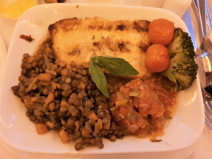 Emirates B777  business class Dubai to Kuala Lumpur roasted  salmon and puy lentils for dinner