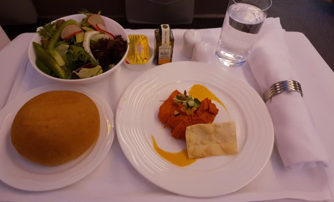 Emirates B777  business class  Kuala Lumpur to Dubai tandoori chicken salad appetiser