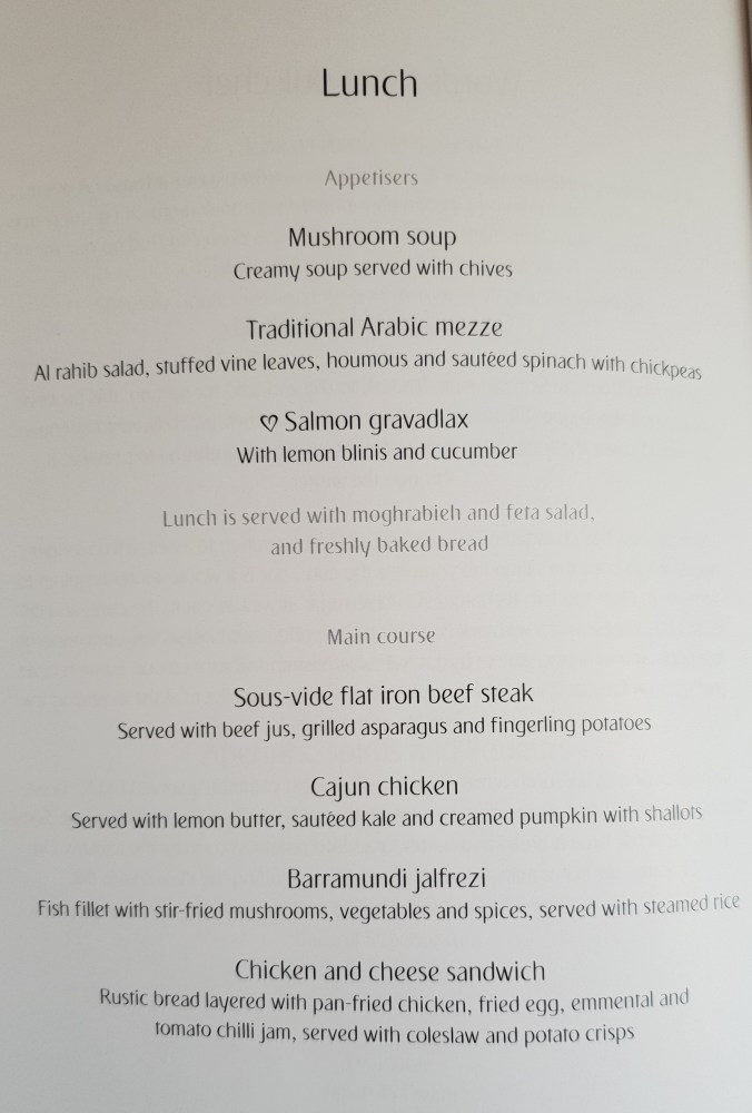 Emirates A380 business class lunch menu Dubai to London