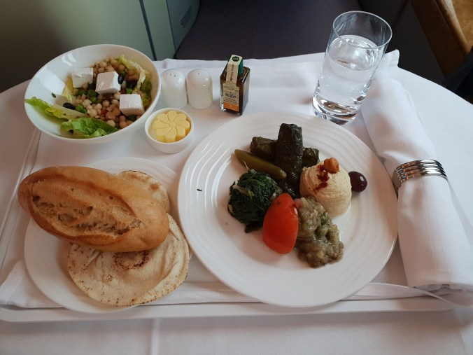 Emirates A380 business class  Dubai to London traditional  mezze appetiser