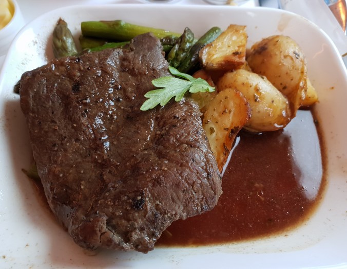 Emirates A380 business class  Dubai to London  sou-vide flat iron beef steak for dinner