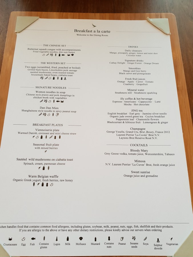 Cathay Pacific First Class Lounge menu
