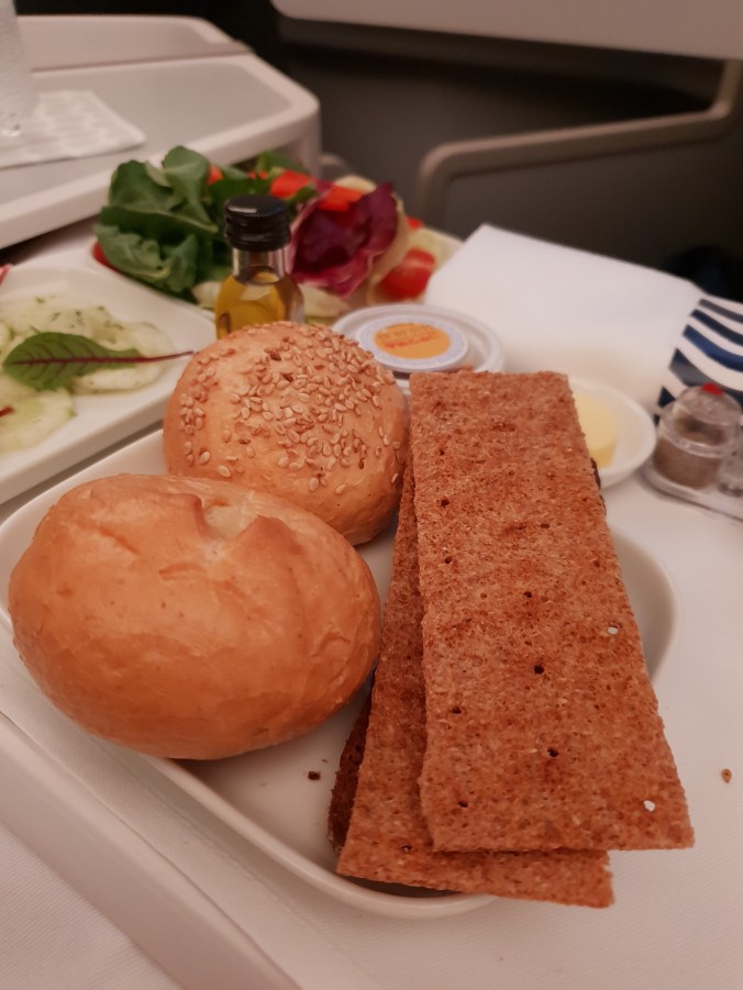 Finnair business class food - breads and salad