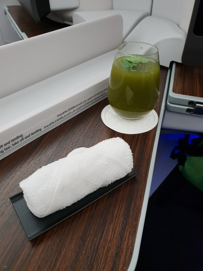 Qatar Airways business class welcome drink