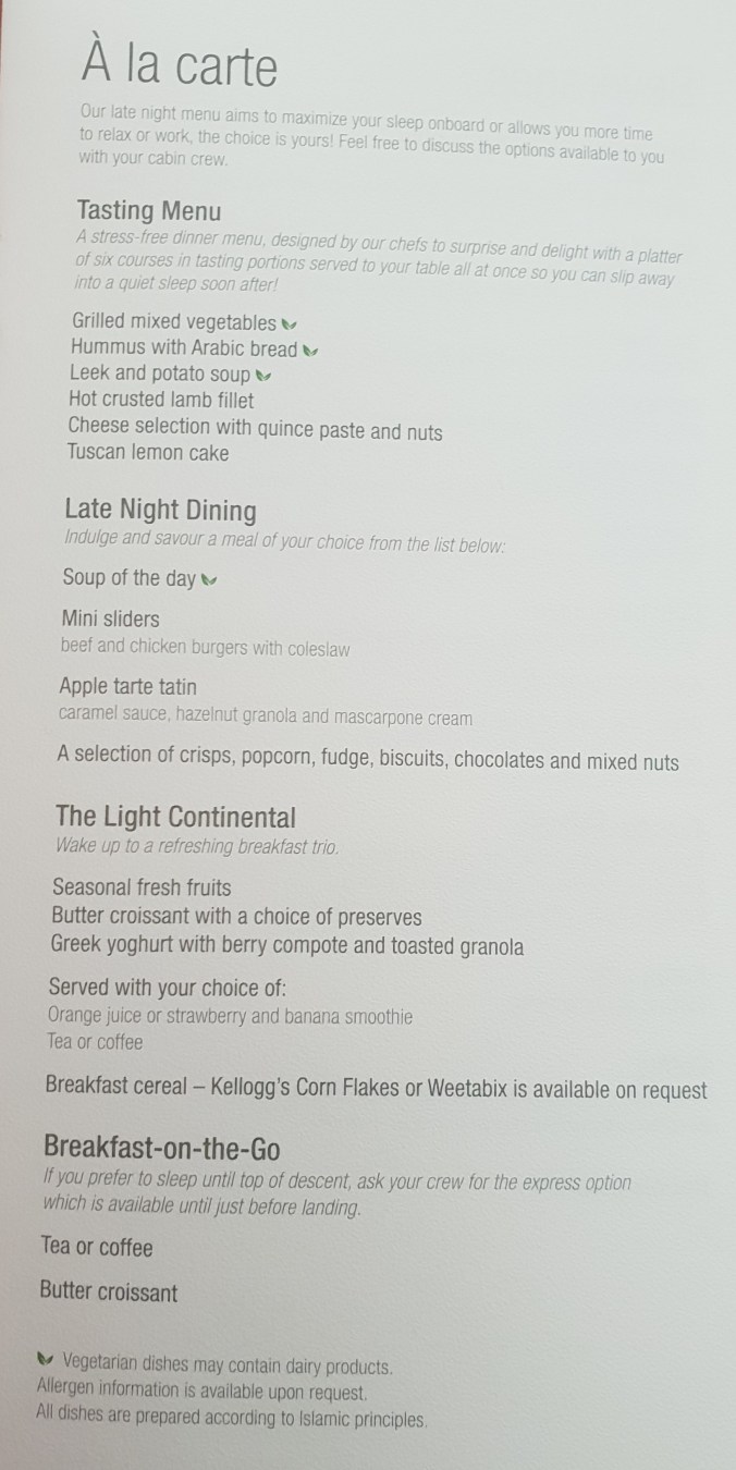 Qatar Airways business class menu