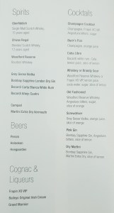 Qatar Airways business class drinks menu