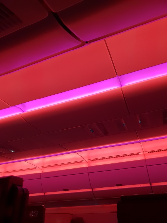 Qatar Airways business class Qsuites atmospheric lighting