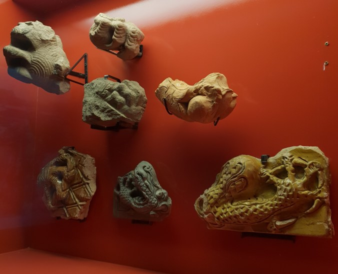 Decorative architectural elements on display in Thang Long Imperial Citadel