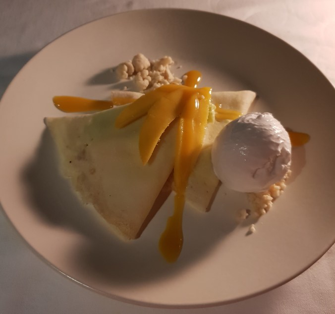 Mango pandan crepe, Clubhouse, Amanpulo