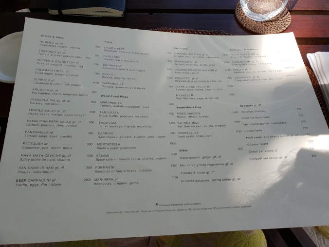 Lunch menu at the Beachclub, Amanpulo