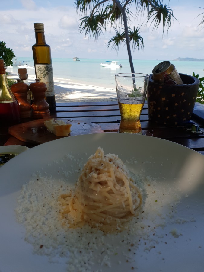 Cacio e pepe for lunch at the Beachclub, Amanpulo
