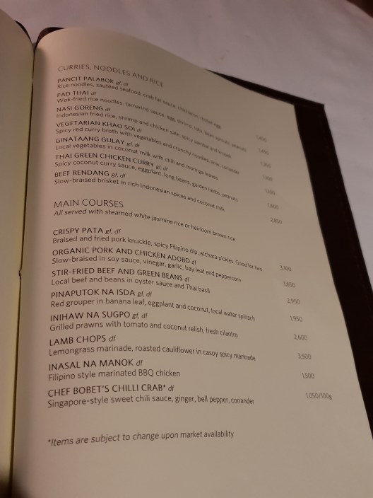 Clubhouse main course menu, Amanpulo