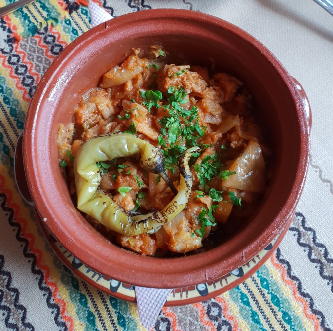 Pork and vegetable stew (kavarma) in beautiful traditional pottery at Chuchura Restaurant, Koprivshtitsa